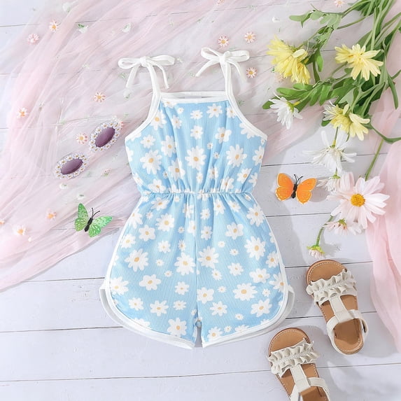 Girls Summer Clothes Floral Romper Tie-Up Strap Jumpsuit Kids Summer Sling Playsuits Light Blue 3-4Years