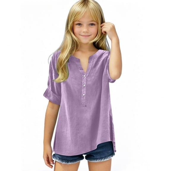 Girls Summer Clothes Loose Fit Buttons V Neck T Shirts 5-15 Years Short Sleeve Casual Oversized Pullover Tshirts (13 Years, Purple)