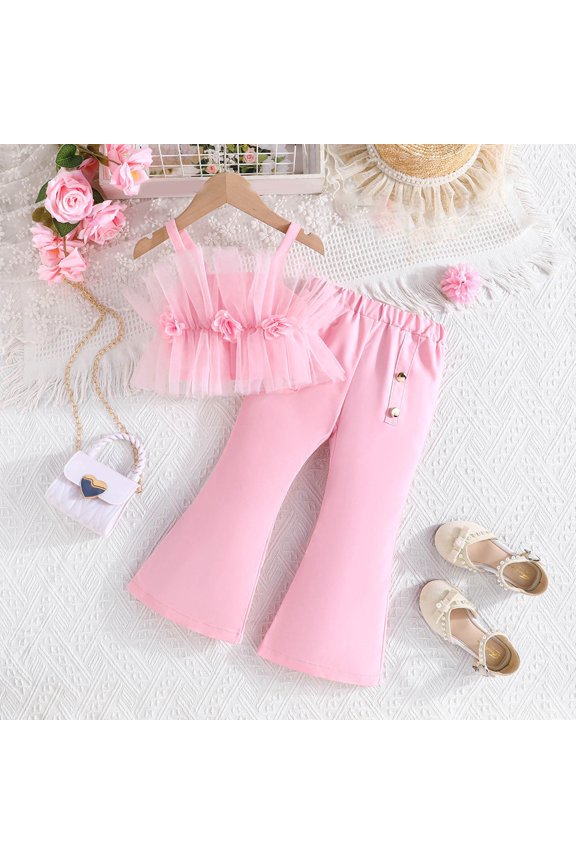 Girls Summer Clothes Set Mesh Spaghetti-strap Vest Long Flare Pants Fashionable Set Pink 1-8 Years