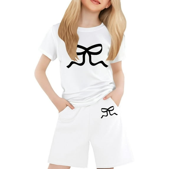 Girls Summer Clothes Size 16-18 Performance Bow Tie PrintT-Shirt and Gym Shorts Casual Lounge Set Comfy Sweat Tracksuit with Side Pockets,Z1-WH2,130(6-7 Years)