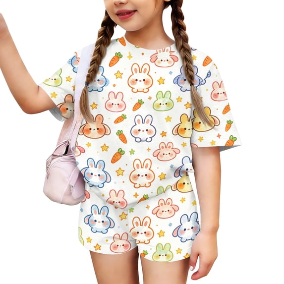 Girls Summer Clothes Size 7-8 2 Piece Outfits Cute Preppy Animal Print Clothing Sets Casual Short Sleeve T Shirts Top and Shorts Sport Lounge Set Beige 2-3 Years