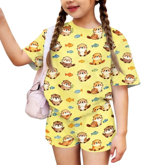 Girls Summer Clothes Size 8 Cute Preppy Cartoon Animal Print Two Piece Outfits Lounge Set Athletic Short Sleeve Tee Top and High Waist Shorts Clothing Sets Yellow 2-3 Years