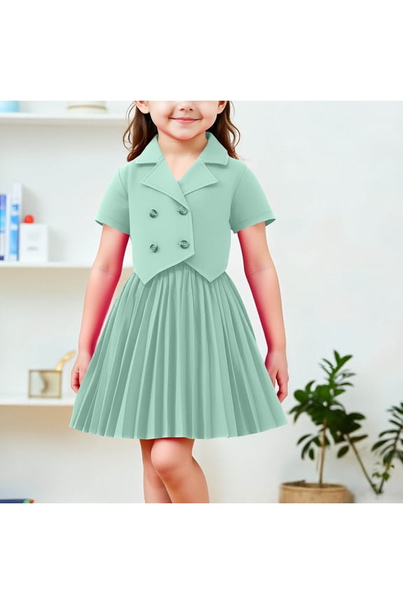 Girls Summer Clothing Set Short Sleeve Double Breasted Collared Blazer with Pleated Skirt 2 Piece School Uniform Party Dress Outfits Green 4-5 Years