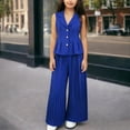 thumbnail image 1 of Girls Summer Clothing Set Single Breasted Sleeveless Lapel Waisted Blazer Vest with Pleated Wide Leg Pants 2 Piece Outfits Blue 9-10Years, 1 of 9