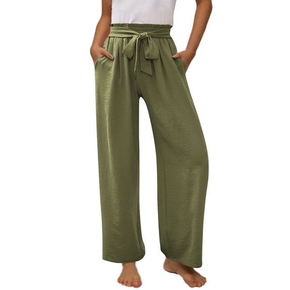 Girls Summer Cotton Linen Pants Solid Elastic Waist Pants Teen Casual Lightweight Breathable Trousers with Pockets Army Green 4-5 Years