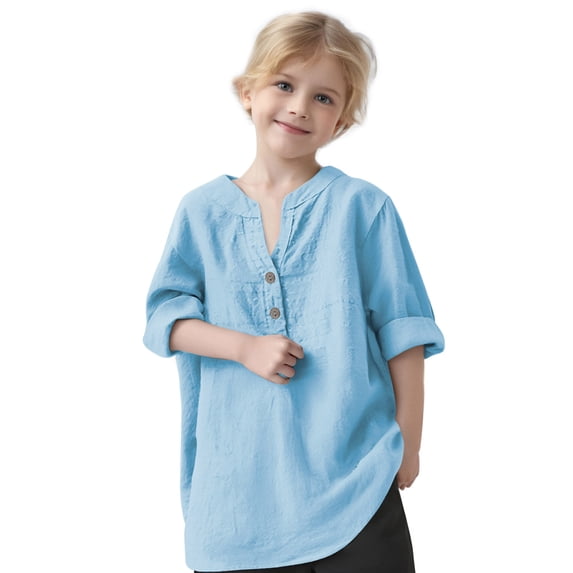 Girls Summer Cotton Shirt Long Sleeve V-Neck Button Down Shirts Loose Casual Blouses Tops 3-12 Years