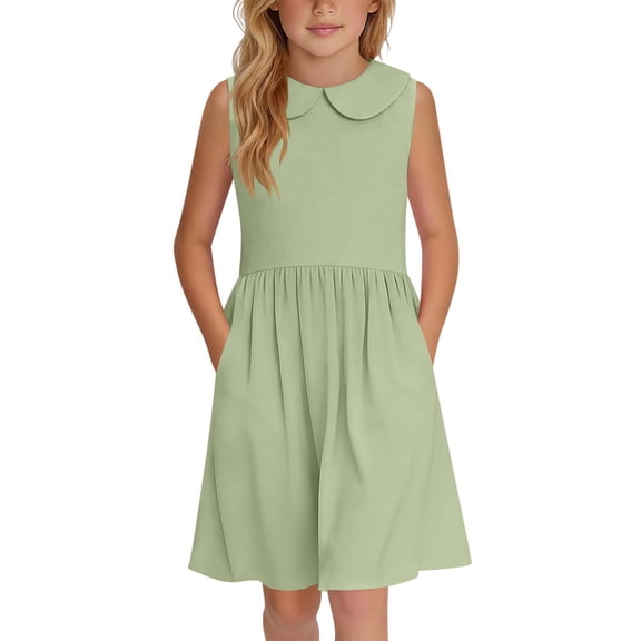 Girls Summer Cute Collared Mini Dress with Pockets, Sleeveless Loose A-Line Swing Dresses for 4-15 Years