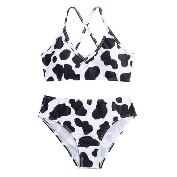Girls' Summer Cute Crisscross Back Cow Floral Print Two-Piece Swimsuit Cow Apparel Girl Swimsuit 12 14 Bathing Suit Girl Size 12 Toddler Swimsuits under 10 Girls Swim Swimsuit