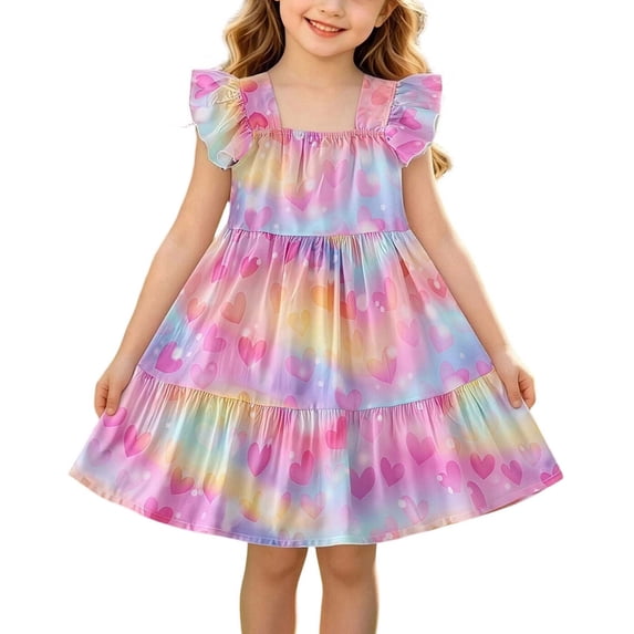 Girls Summer Cute Dress Square Neck Ruffled Sleeveless Pleated A Line Dresses Casual Stylish Midi Sundress (4 Years, Multicolor)