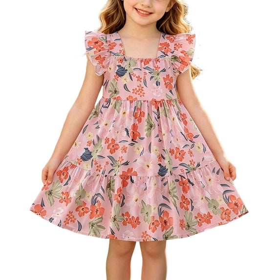 Girls Summer Cute Dress Square Neck Ruffled Sleeveless Pleated A Line Dresses Casual Stylish Midi Sundress (6 Years, Pink)