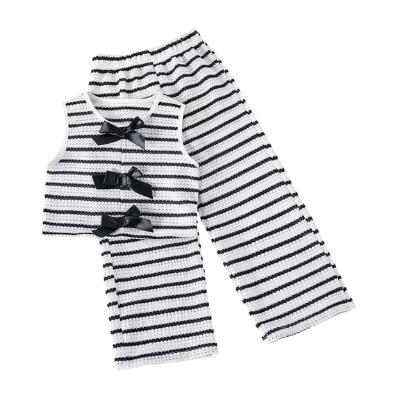 Girls Summer Cute Outfits Striped Vest Top Pants Set Kids Sleeveless Shirt Wide Leg Trousers Casual Clothing 2 Piece Spring Lounge Clothes Black 4-5 Years