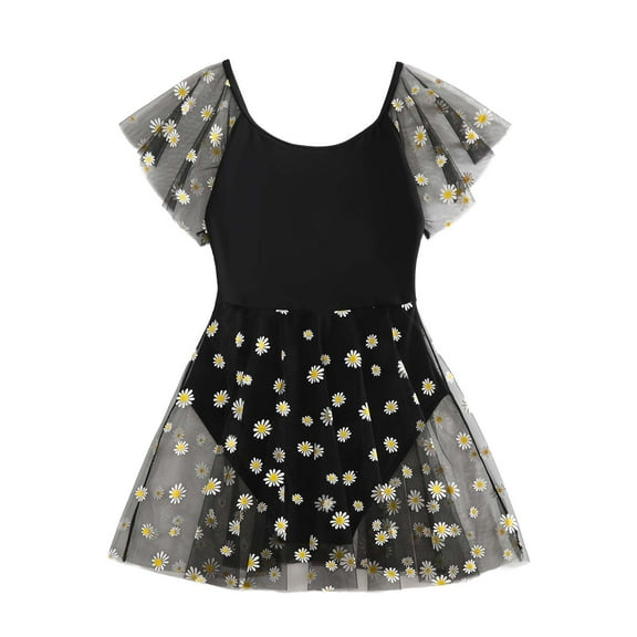 Girls Summer Cute Swimsuits One Piece Bathing Suit Floral Tutu Skirt Wrap Swimwear Flutter Ruffle Junior Swimming Suits, Black, 13 Years