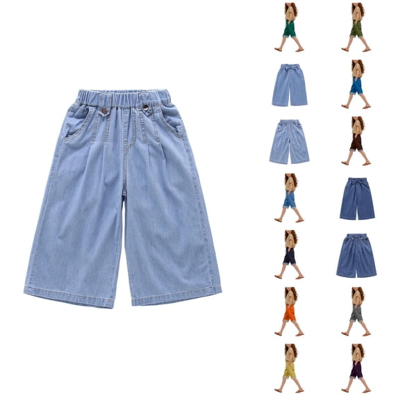 Girls Summer Denim Capri Pants Loose Fit Casual Wide Leg Trousers Soft Breathable Lightweight Everyday Wear