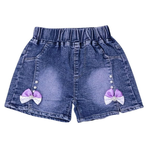 Girls Summer Denim Shorts Bowknot Decor Casual Pull-On Short Jeans Elastic Waist Cute Toddler Shorts 4T