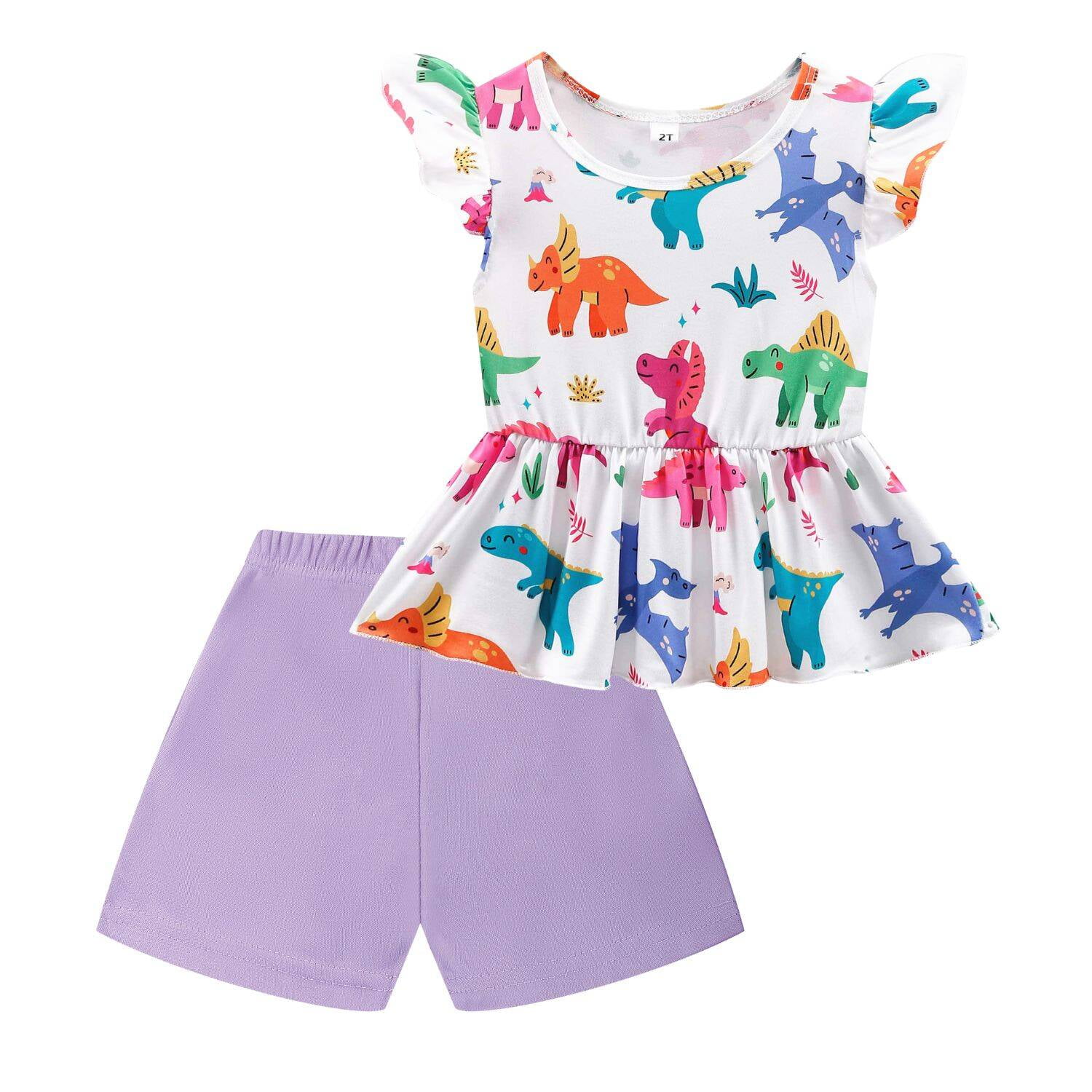Girls Summer Dinosaur Outfits Dinosaur Print White Shirt Purple Shorts Toddler Girl 3 Years Old Clothes (901)