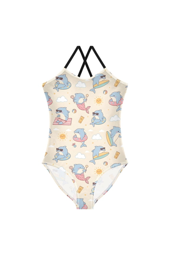 Girls Summer Dolphin Print One Piece Swimsuit, Cross Back Spaghetti Strap Bathing Suit for Kids Summer Beach Pool Swimwear 7-8T