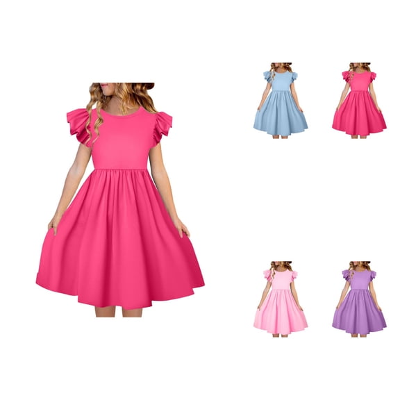 Girls Summer Double Layer Ruffle Sleeve Dress with Fly Sleeves, Crew Neck Dress for Kids 5-14 Years