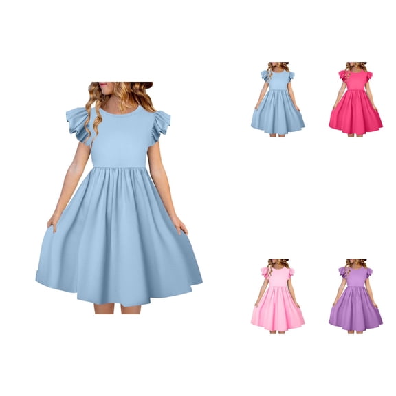 Girls Summer Double Layer Ruffle Sleeve Dress with Fly Sleeves, Crew Neck Dress for Kids 5-14 Years