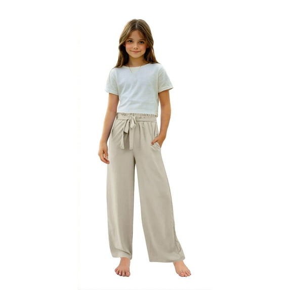 Girls Summer Drawstring Wide Leg Pants High Waisted Palazzo Pants Children Lounge Trousers with Pockets for kids 4-14 Years