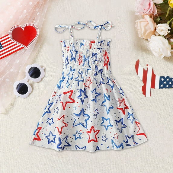 Girls Summer Dress 4th Of July Boho Floral Sleeveless Dresses Girls Beach Princess Sundress Baby Outfits