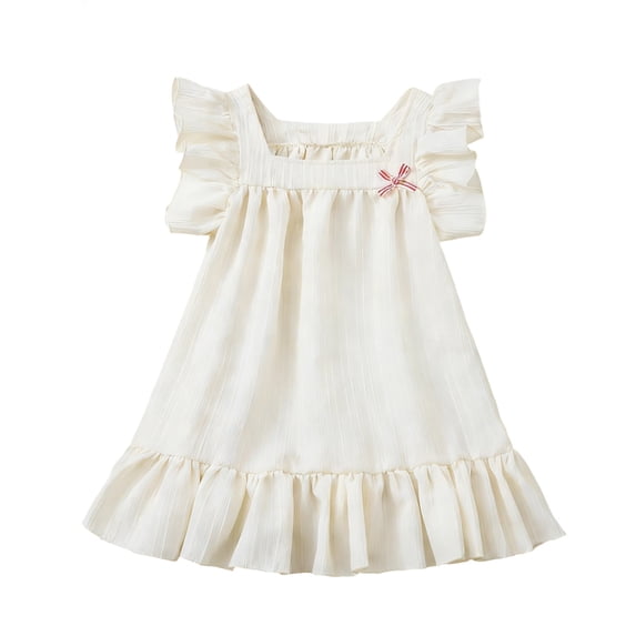 Girls Summer Dress A-Line Square Neck Flutter Sleeve Tiered Ruffle Soft Birthday Party Casual Dress Beige,Size 4-5T