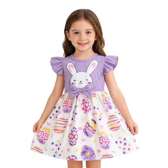 Girls Summer Dress Bunny Applique Embroidery Floral Print Sleeveless Party Soft Purple 2 Years-3 Years