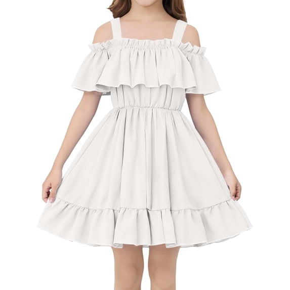 Girls Summer Dress Cold Shoulder Ruffle Cute Tiered Beach Vacation Casual Princess Sundress