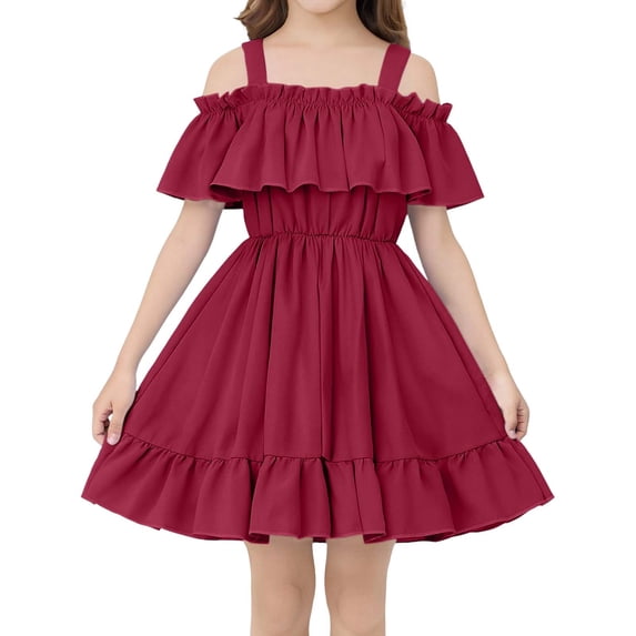 Girls Summer Dress Cold Shoulder Ruffle Cute Tiered Beach Vacation Casual Princess Sundress