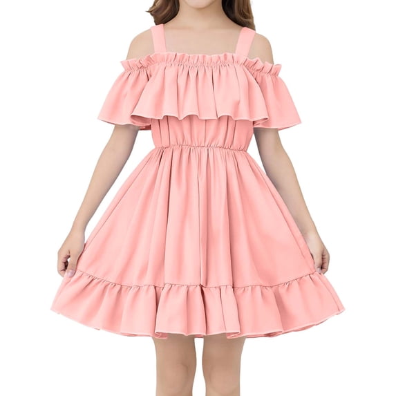 Girls Summer Dress Cold Shoulder Ruffle Cute Tiered Beach Vacation Casual Princess Sundress