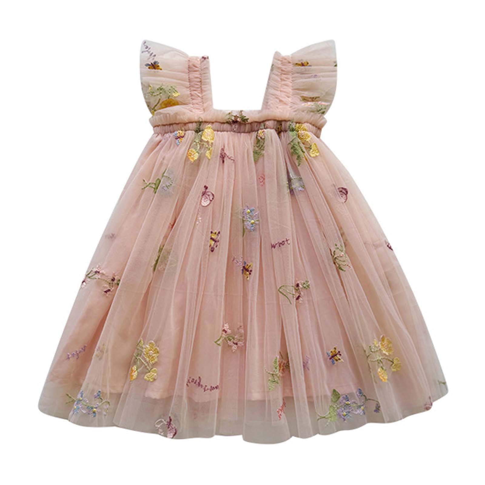 Summer Hot Selling Kids Girls Cute Fly Sleeves Flowers Jacquard Pattern Tulle Dress
