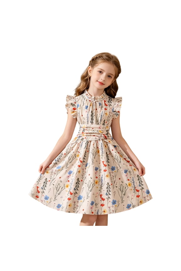 Girls Summer Dress Girls Floral Print A Line Summer Dress Crew Neck Sleeveless with Waist Definition Swing Party Wear Beige 9 Years