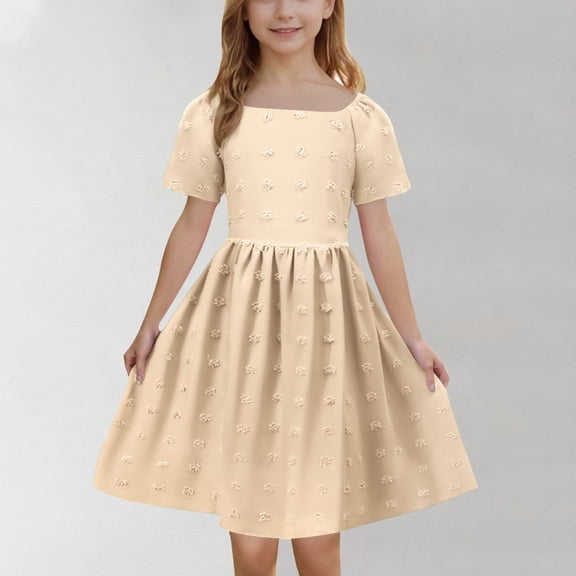 Girls Summer Dress Girls Summer Dress Boho Square Neck Casual Smocked Flowy Ruffle Midi Dresses Vacation Casual A Line Short Mini Dress Beige 7Y Vestidos De Verano Para Niña