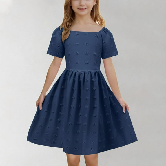 Girls Summer Dress Girls Summer Dress Boho Square Neck Casual Smocked Flowy Ruffle Midi Dresses Vacation Casual A Line Short Mini Dress Navy 5T Vestidos De Verano Para Niña