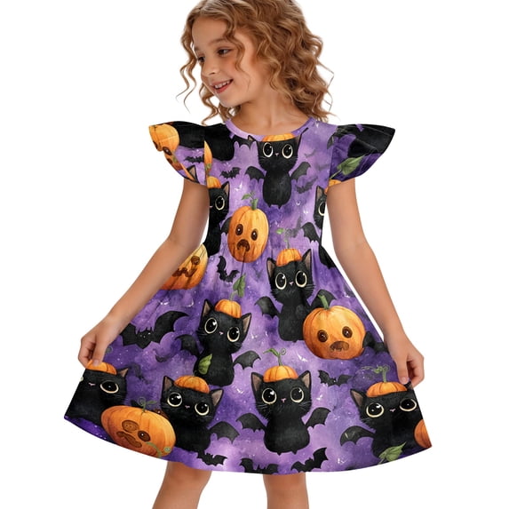 Girls Summer Dress Halloween Cartoon Pumpkin Graphic Flutter Sleeve Ruffle Bottom Dress Soft Halloween Dresses for Kids 2–9Y