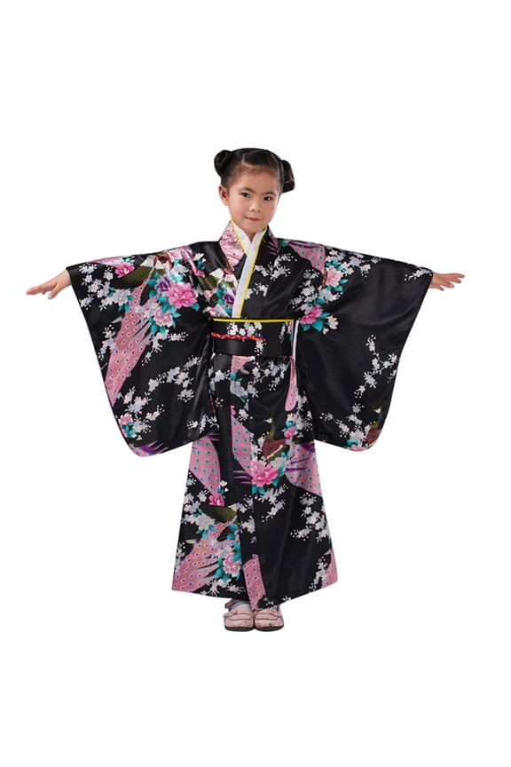 Girls Summer Dress Kids Traditional Long Sleeve Flowers Robe Japanese Kimono Dress Dresses for Girls Black 4-5Years
