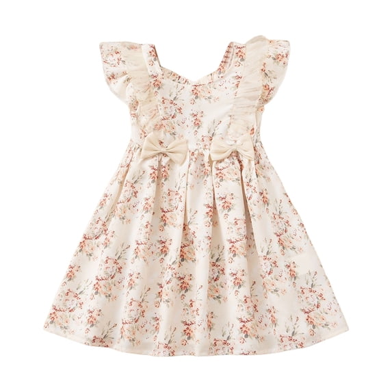 Girls Summer Dress Light And Thin With Floral Patterns A Waist And Lace With Bow Decorations
