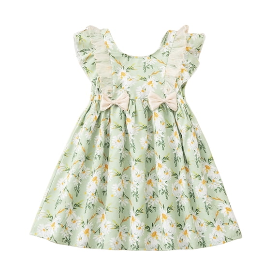 Girls Summer Dress Light And Thin With Floral Patterns A Waist And Lace With Bow Decorations
