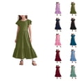thumbnail image 1 of Girls Summer Dress Pleated Short Sleeve Round Neck Loose Casual Flowy Layered Extra Long Dress With Pockets Kids Dress for Party School Daily Wear, 1 of 6