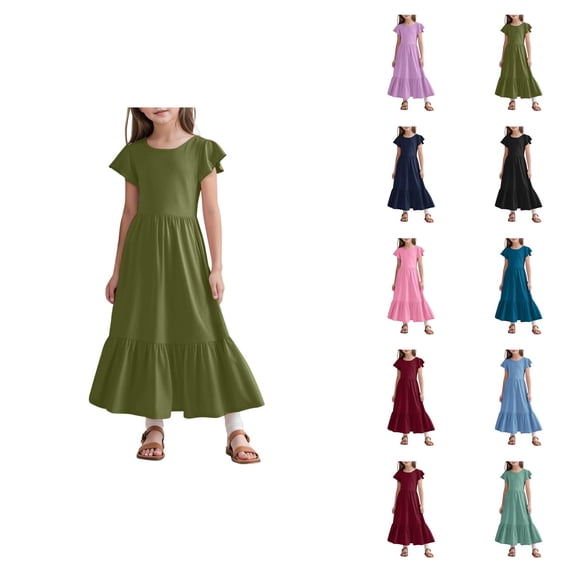 Girls Summer Dress Pleated Short Sleeve Round Neck Loose Casual Flowy Layered Extra Long Dress With Pockets Kids Dress for Party School Daily Wear