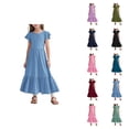 thumbnail image 1 of Girls Summer Dress Pleated Short Sleeve Round Neck Loose Casual Flowy Layered Extra Long Dress With Pockets Kids Dress for Party School Daily Wear, 1 of 5