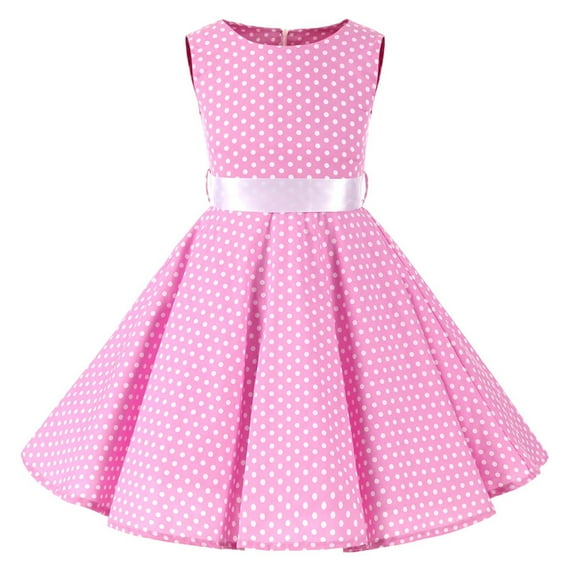 Girls Summer Dress Polka Dot Vintage Sleeveless Flared A-line Swing Dress Kids Children Birthday Picnic Party Wedding Dress 4-12 Years Pink 9-10 Years
