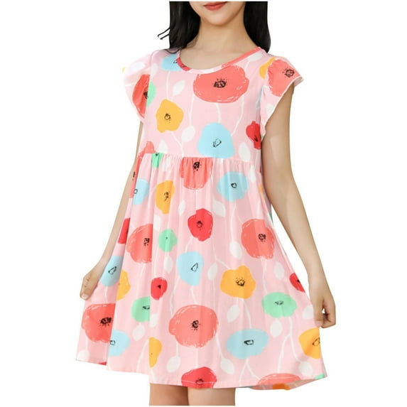 Girls Summer Dress Ruffle Sleeve Casual Flowy Dresses Floral Swing Tunic Shirt Dresses Sundress 3-15 Years