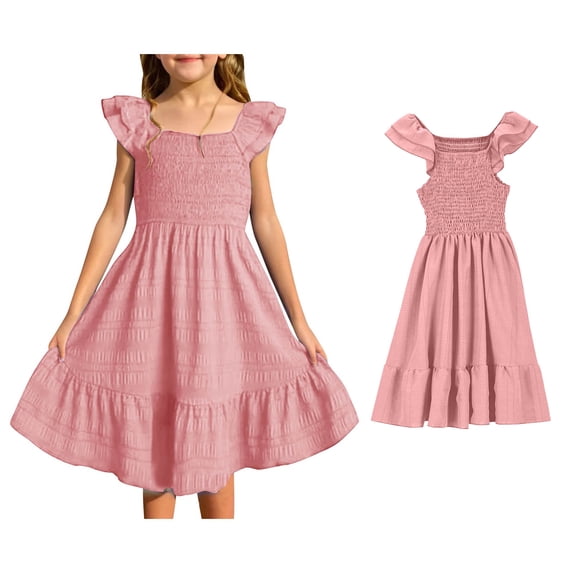 Girls Summer Dress Ruffle Sleeve Girls Casual Dresses Smocked Swing Flowy Dresses for 4-5 Years Girls