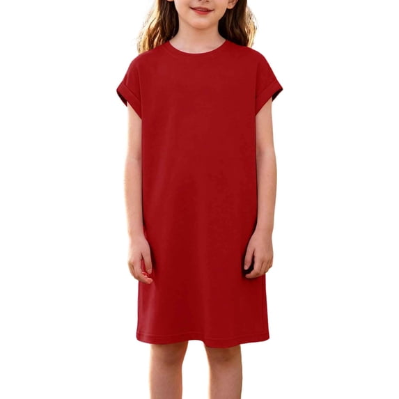 Girls Summer Dress Short Sleeve Crewneck T-shirt Dress Swing Casual Loose Beach Short Dresses with Pockets