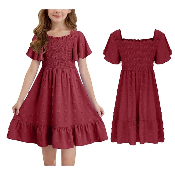 Girls Summer Dress Short Sleeve Girls Casual Dresses Smocked Embroidered Girls Beach Dresses for 8-9 Years Girls