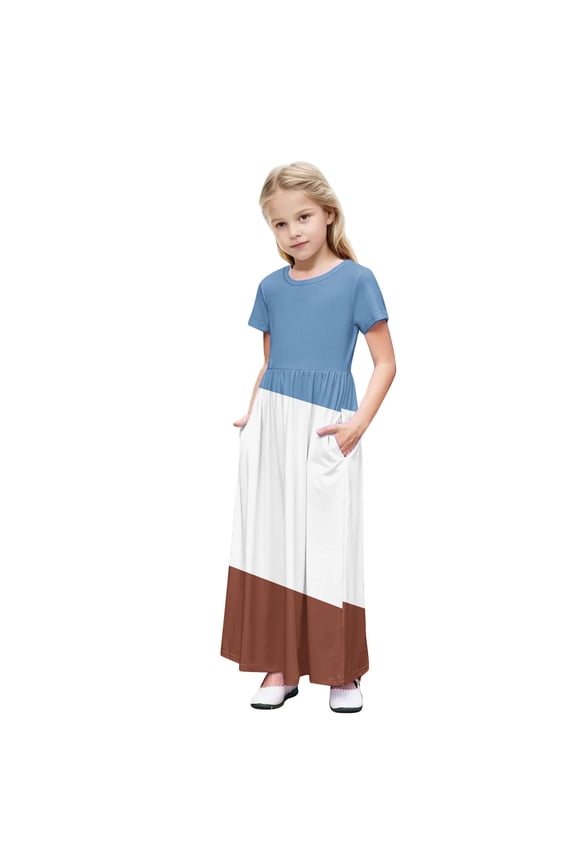Girls Summer Dress Short Sleeve Maxi Tshirts Dresses with Pockets Cotton Long Dresses Size 4-14 Years (13 Years, Blue-Colorblock)