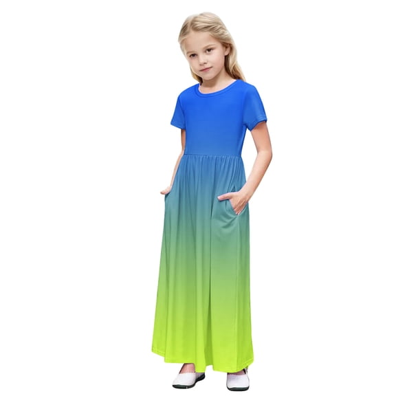 Girls Summer Dress Short Sleeve Maxi Tshirts Dresses with Pockets Cotton Long Dresses Size 4-14 Years (13 Years, Blue-Gradient)