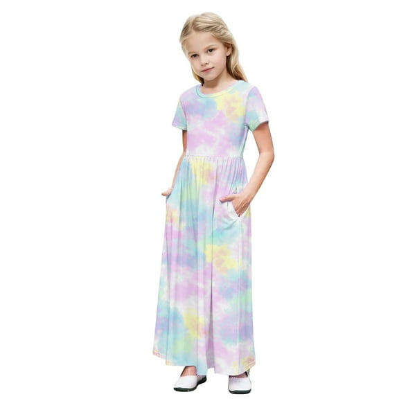 Girls Summer Dress Short Sleeve Maxi Tshirts Dresses with Pockets Cotton Long Dresses Size 4-14 Years (13 Years, Multicolor 01)