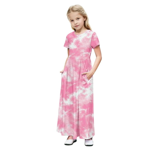 Girls Summer Dress Short Sleeve Maxi Tshirts Dresses with Pockets Cotton Long Dresses Size 4-14 Years (13 Years, Pink-Tie Dye)