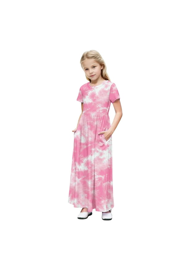Girls Summer Dress Short Sleeve Maxi Tshirts Dresses with Pockets Cotton Long Dresses Size 4-14 Years (13 Years, Pink-Tie Dye)